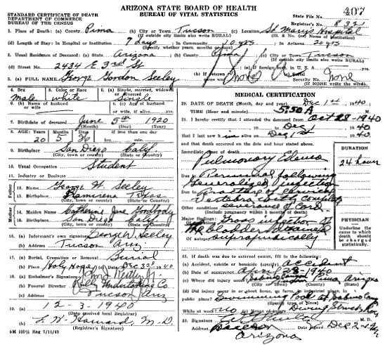 George Gordon Seeley death certificate
